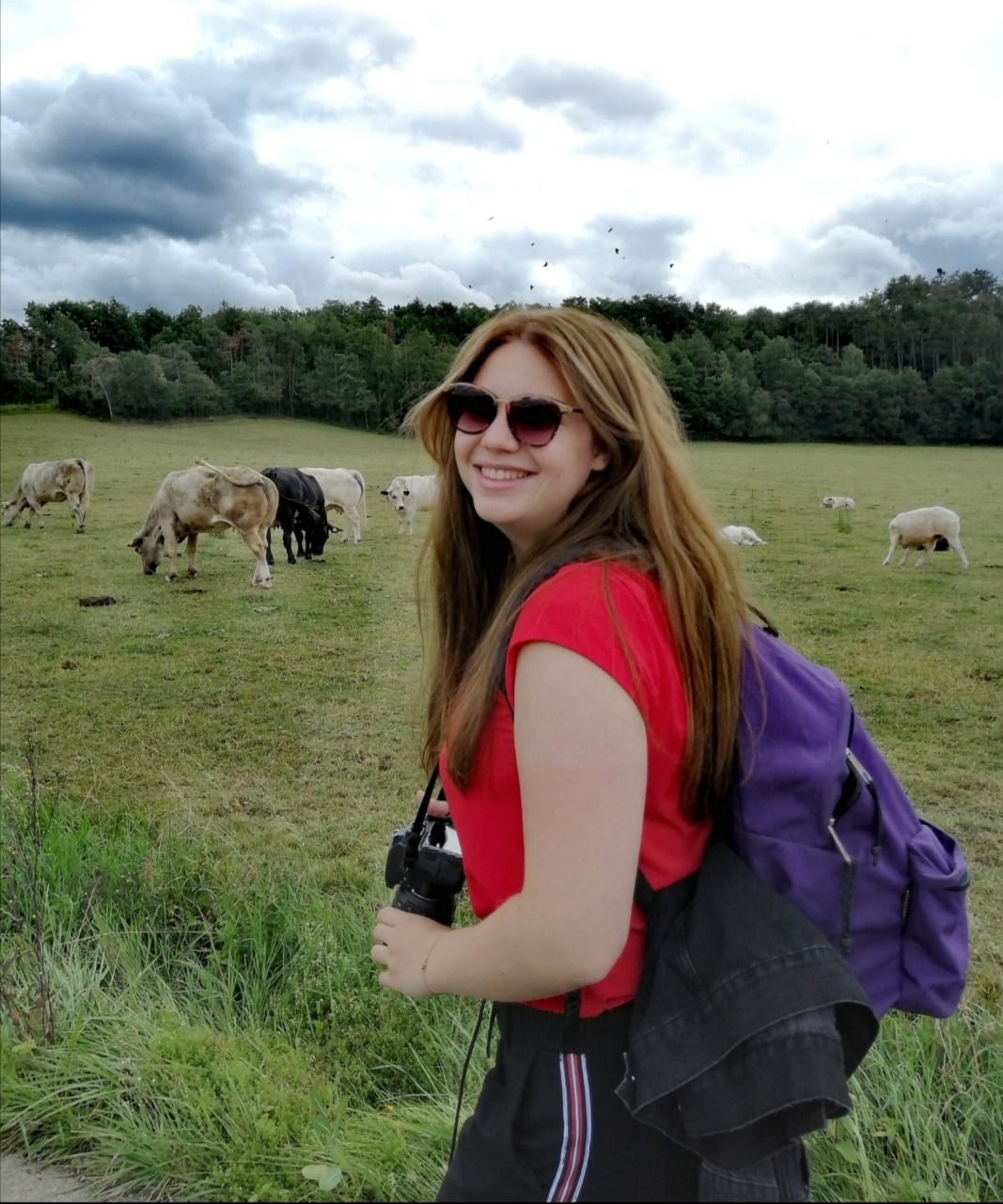 young woman in red tshirt with camera and backpack in a field with cows