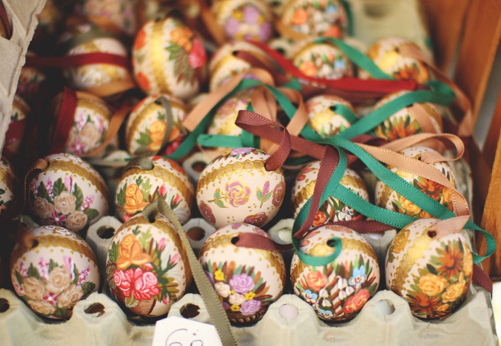 Colorful easter eggs with ribbons